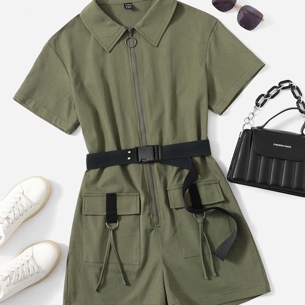 Olive Green Short Sleeve Jumpsuit with Belt